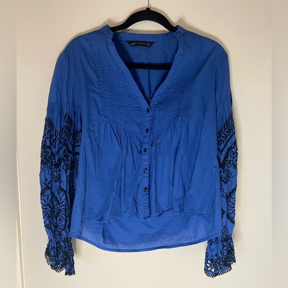 Zara Women's High Low Balloon Sleeves Royal Blue & Black Crop Top Size S